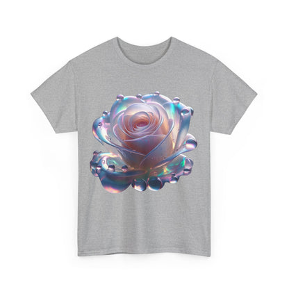 Front view of The Ethereal Rose Tee Unisex Cotton Graphic T-Shirt featuring a stunning stylized rose design with iridescent effects.