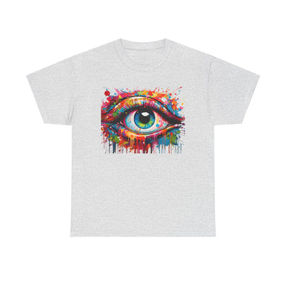 Sophisticated unisex t-shirt in grey displaying the 'Visionary Drip' graphic, featuring a captivating eye illustration with vibrant splashes of colour, perfect for stylish art enthusiasts.