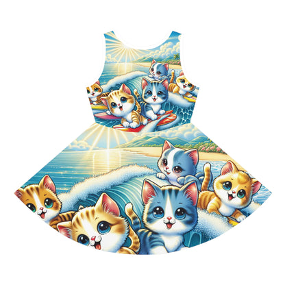 Chic summer outfit for kids, showcasing the charming Isabella Kitty Print Sundress by Dazzling Dreams Studio against a sunny backdrop.