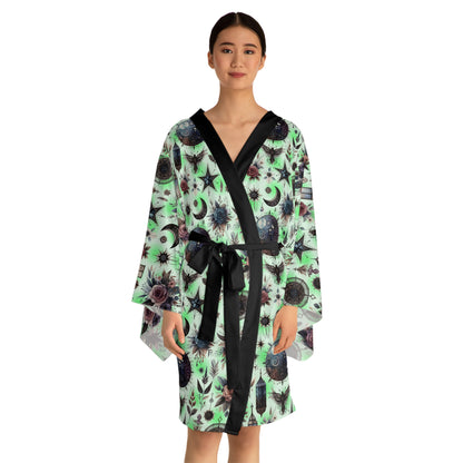 Luxurious Floral Kimono Robe for Women, featuring an elegant design with a captivating floral pattern and long sleeves, perfect for stylish lounging and relaxation. Ideal for designer lounge wear, spa days, or elegant evenings.