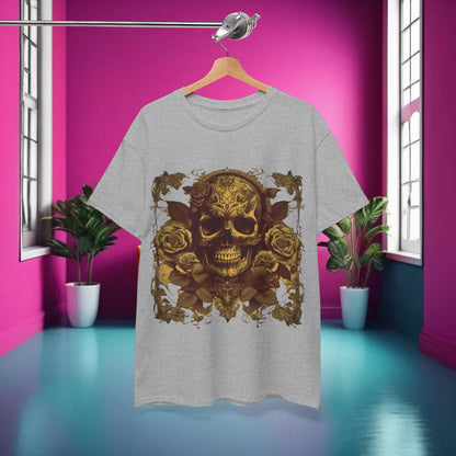 Elegant display of the Skulls and Roses Cotton Tee hanging in a chic interior setting, highlighting its unique graphic design and versatile style.