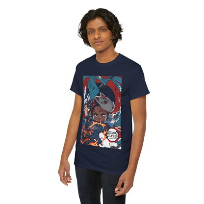 Luxury navy blue Demon Slayer T-shirt featuring vibrant artwork of Tanjiro Kamado amidst a swirl of fire, ideal for anime enthusiasts.