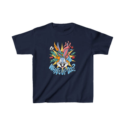 Unisex Kids Bugs Bunny Cotton T Shirt Tee in navy blue featuring a vibrant graphic print of Bugs Bunny with the phrase 'What's Up Doc?', perfect for stylish children.