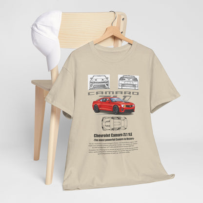 Stylish Men's Chevrolet Camaro ZL1 1LE T-Shirt draped over a chair, showcasing a blend of artful car graphics and luxury fabric, perfect for displaying a passion for performance and quality.