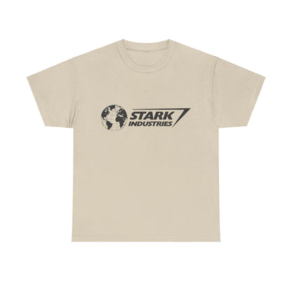 Stylish Iron Man Stark Industries Logo Graphic Unisex Tee Shirt in cream colour, featuring a bold globe design and 'STARK INDUSTRIES' text, perfect for showcasing innovation and luxury.