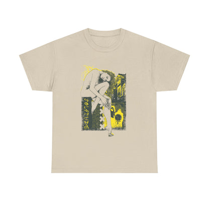 Stylish urban men's T-shirt featuring a captivating graphic design of a stylized female figure, set against an artistic vintage backdrop in soft tones of beige and yellow.