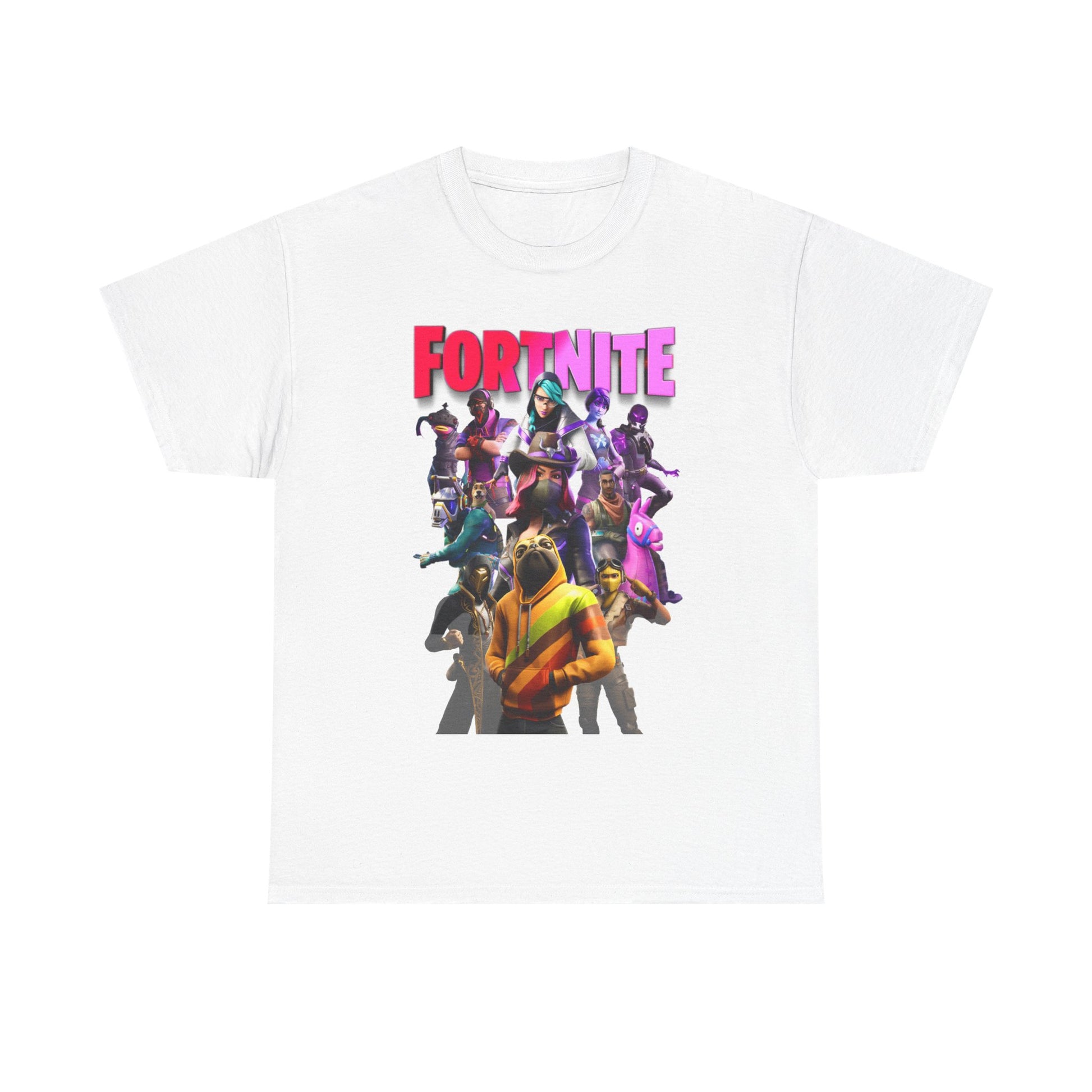 Chic white Fortnite-themed T-shirt displaying a stunning array of vibrant characters, perfect for fans seeking a stylish and modern wardrobe statement.