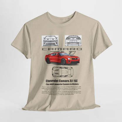 Chic Men's Chevrolet Camaro ZL1 1LE T-Shirt presented flat, emphasising bold graphics of the legendary Camaro, detailed engineering sketches, and a refined cut, designed for those who appreciate luxury and performance.