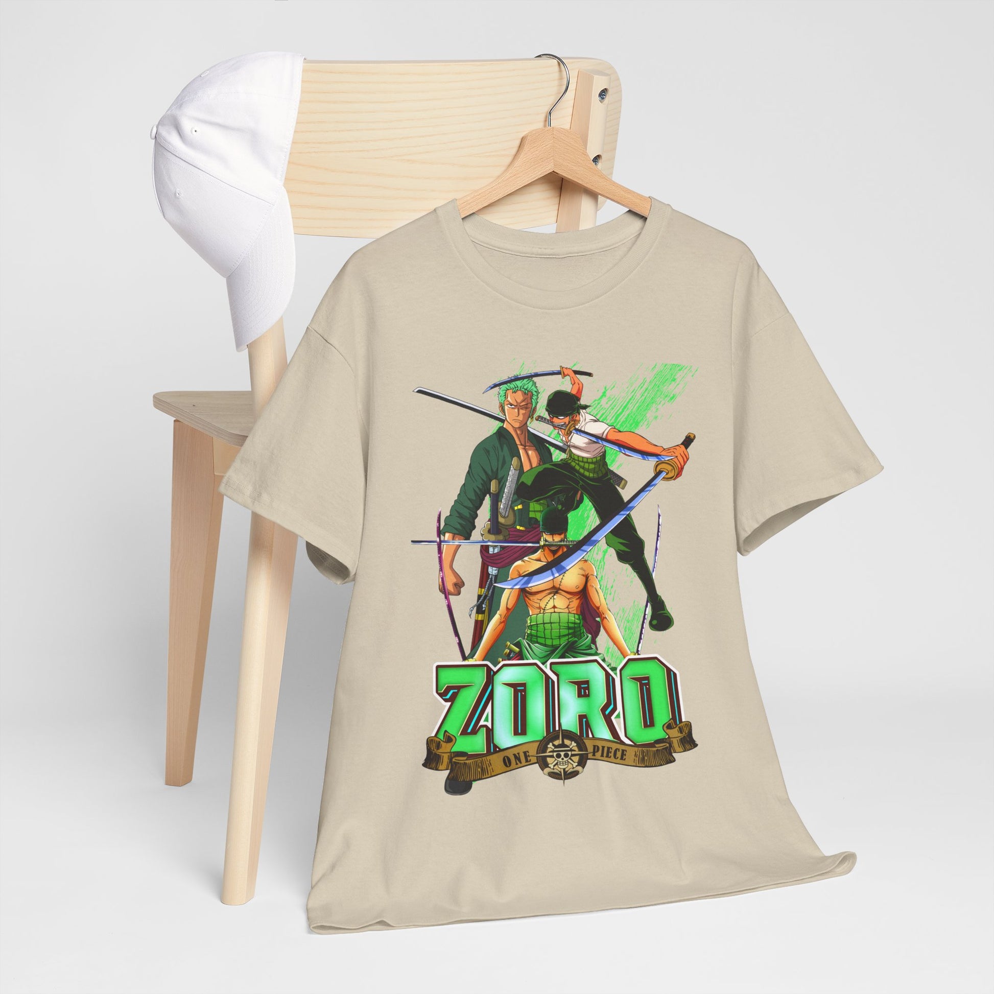 Fashionable One Piece YONKO T-shirt elegantly showcased on a chair, complete with a stylish cap, highlighting popular anime culture.