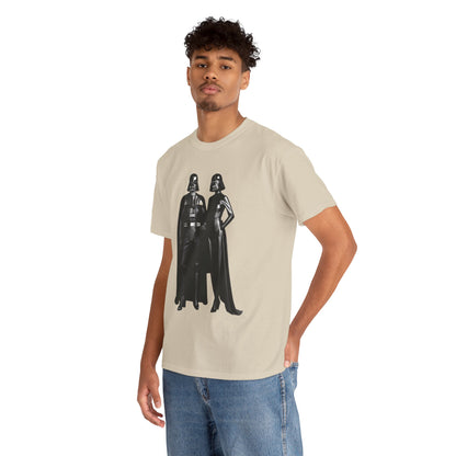 Model wearing the luxurious Mr + Mrs Vader Star Wars unisex graphic cotton t-shirt, featuring iconic Sith characters in a bold print, styled for a fashionable, edgy look.