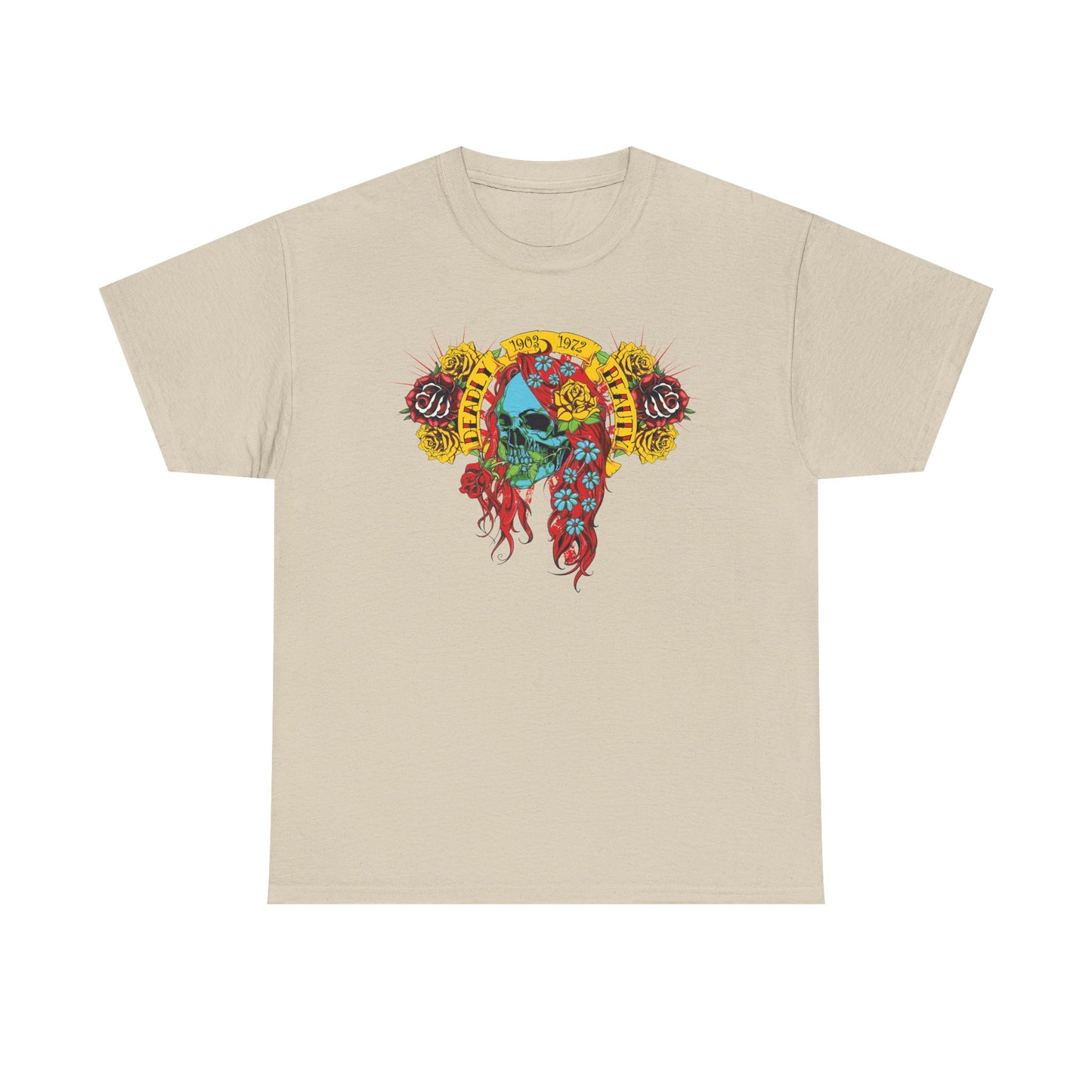 Refined beige t-shirt featuring a captivating skull illustration surrounded by vivid roses, an artful blend of boldness and charm in premium fashion.
