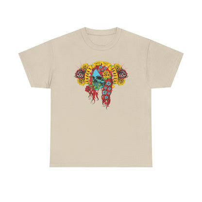 Refined beige t-shirt featuring a captivating skull illustration surrounded by vivid roses, an artful blend of boldness and charm in premium fashion.