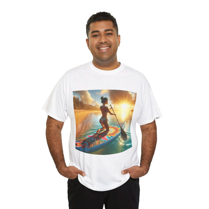 Premium quality paddleboarding t-shirt designed by Dazzling Dreams Studio, showcasing a stunning paddleboarder in a picturesque water setting.