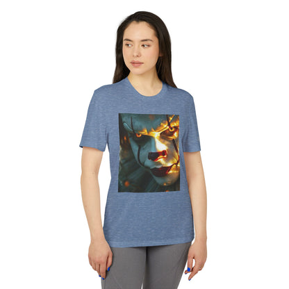 Model showcasing the front of the Adidas Unisex Halloween Pennywise Cute T-shirt in blue heather, with an eye-catching Pennywise graphic.