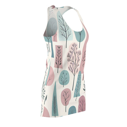 Chic pattern of the Pastel Dream Tree Silhouette Dress featuring organic tree silhouettes in mint green and baby blue, ideal for nature-inspired elegant wear.