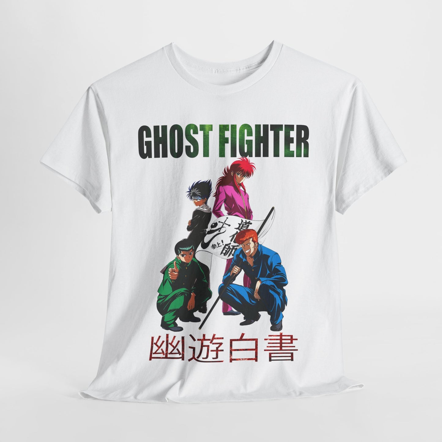 Ghost Fighter t-shirt elegantly displaying a dynamic anime design, with bold characters and striking kanji, perfect for fans of stylish anime apparel.