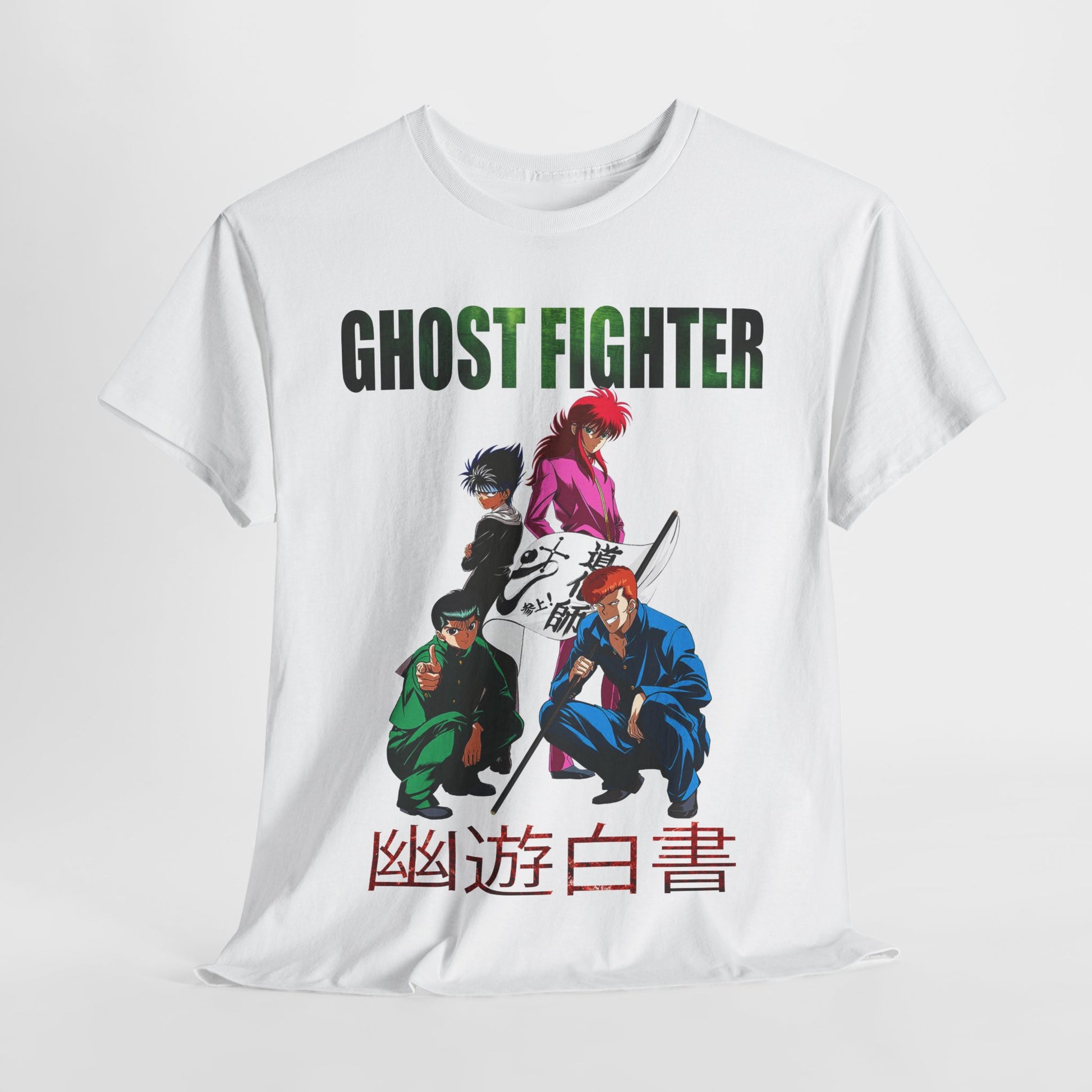 Ghost Fighter t-shirt elegantly displaying a dynamic anime design, with bold characters and striking kanji, perfect for fans of stylish anime apparel.