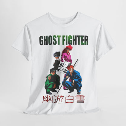 Ghost Fighter t-shirt elegantly displaying a dynamic anime design, with bold characters and striking kanji, perfect for fans of stylish anime apparel.