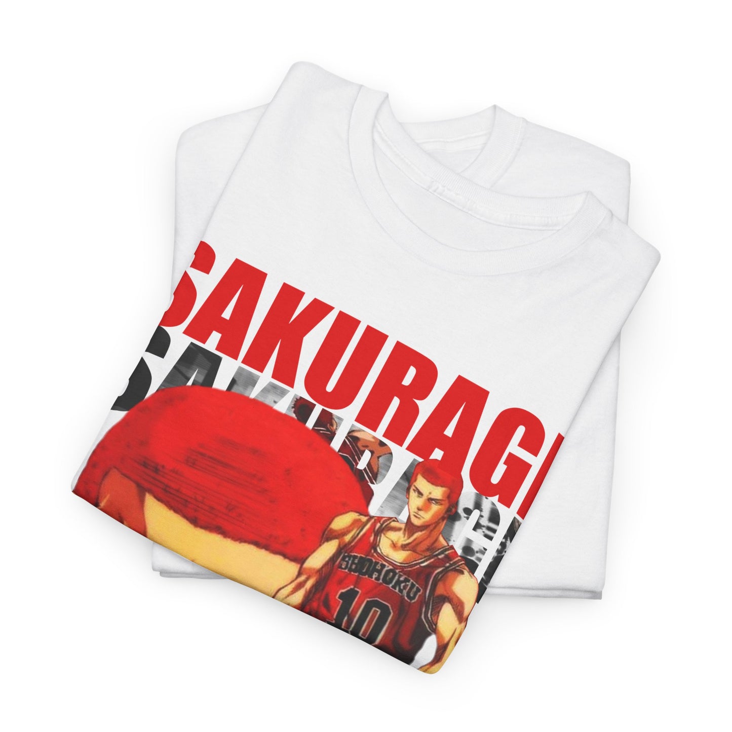 Elegant stack of white anime t-shirts displaying the vibrant Sakuragi design, highlighting the artistry and quality of the fabric.