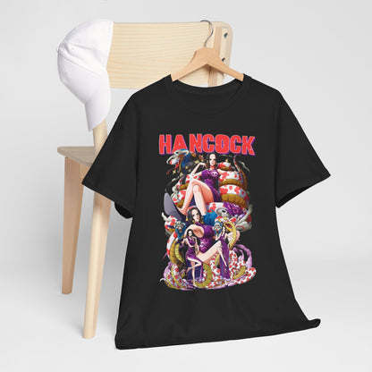 Stylish black Hancock anime t-shirt displayed on a wooden chair with a white cap, featuring vibrant artwork designed for anime enthusiasts.
