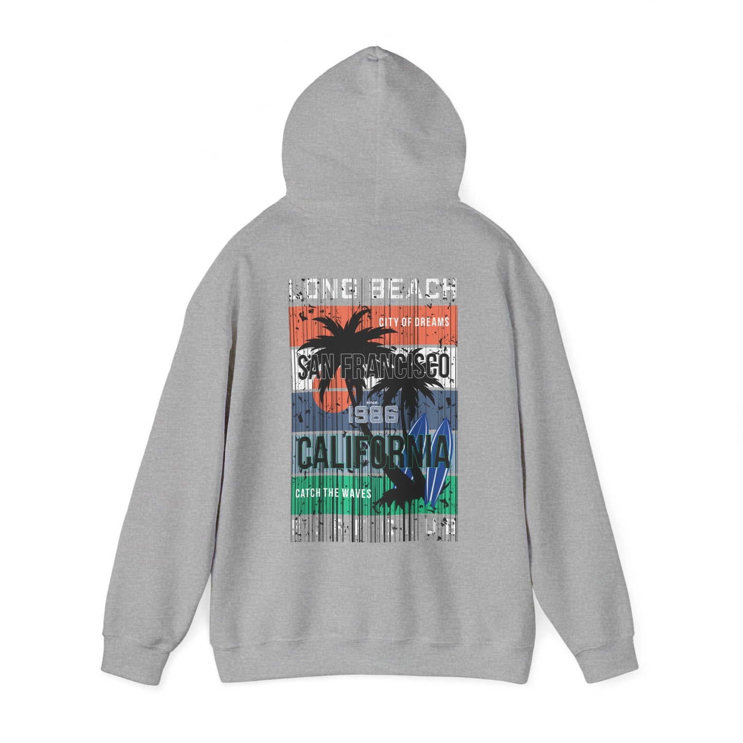 Luxurious urban back print hoodie showcasing a vibrant San Francisco surf design, embodying the California lifestyle with palm motifs and bold typography in eye-catching colours.