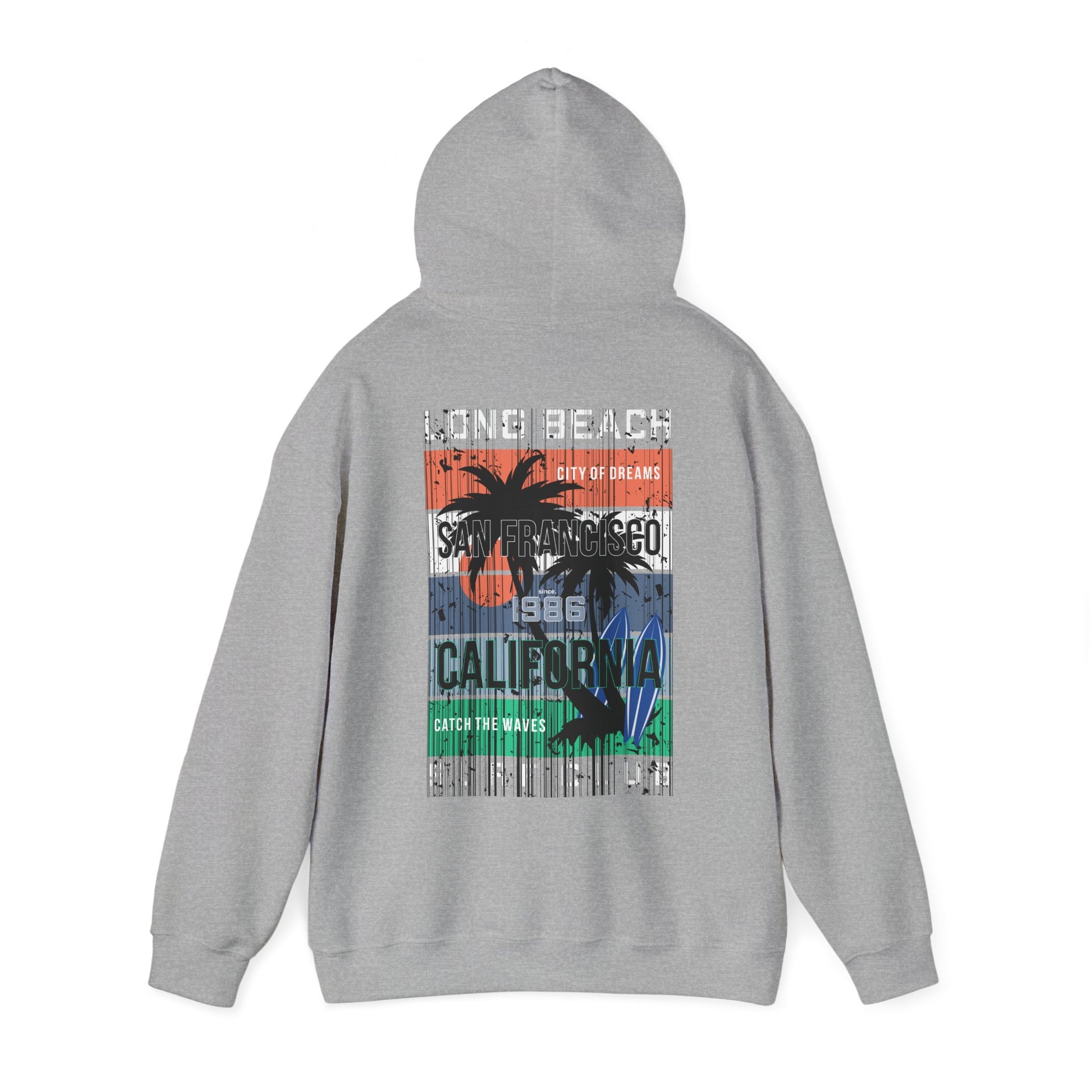 Luxurious urban back print hoodie showcasing a vibrant San Francisco surf design, embodying the California lifestyle with palm motifs and bold typography in eye-catching colours.