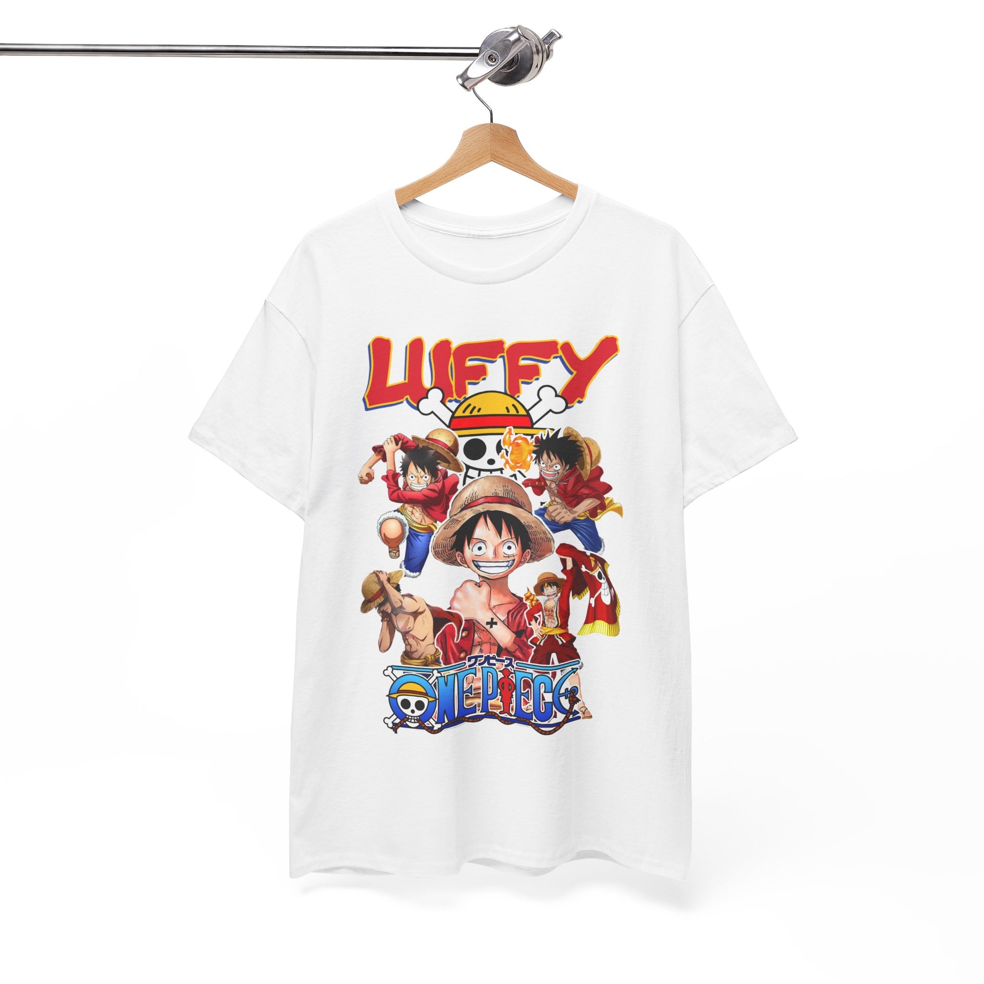 Sophisticated hanging white t-shirt showcasing a striking 'One Piece' graphic, displaying iconic anime characters in a creative and artistic layout.