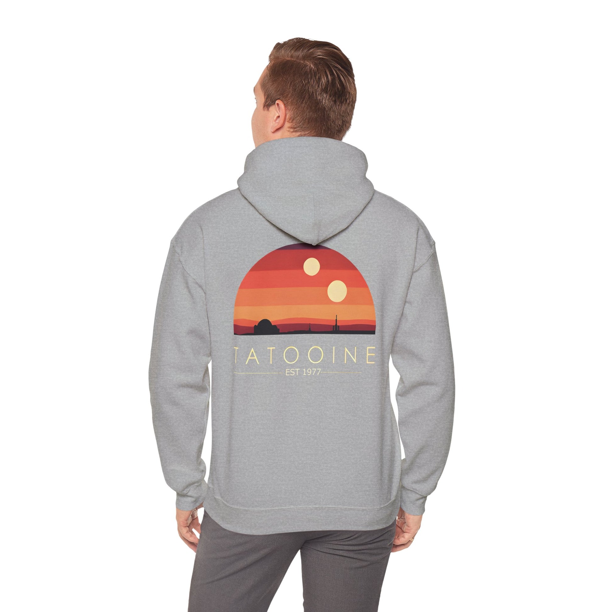Lifestyle shot featuring the Stunning Tatooine Sunset Back Print Hoodie, perfect for both casual wear and cosmic adventures.