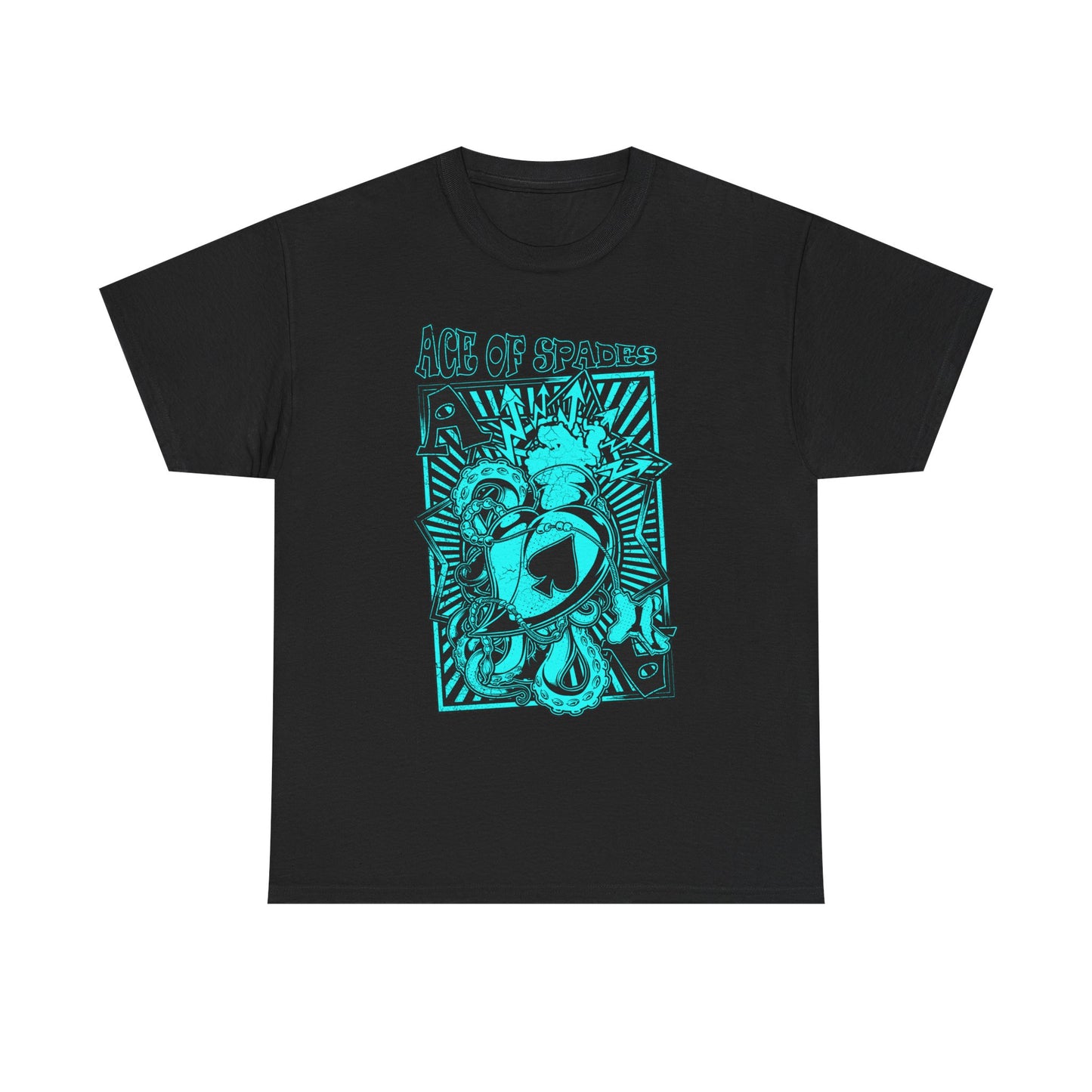 Stylish ACE OF SPADES men's t-shirt in black, adorned with striking turquoise graphic art that embodies the essence of rebellious rock culture.