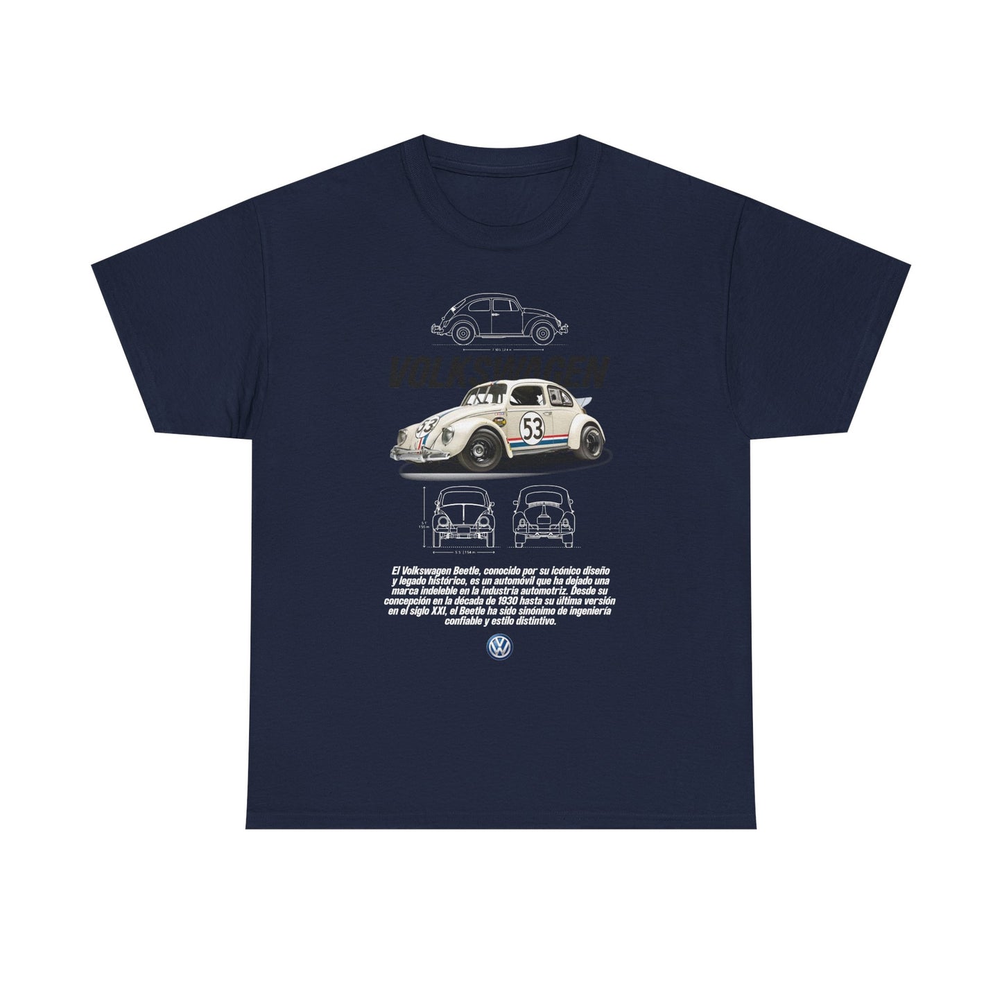 Elegant navy t-shirt adorned with a classic Volkswagen Beetle design and technical drawings, highlighting the iconic number 53, ideal for automotive fashion.