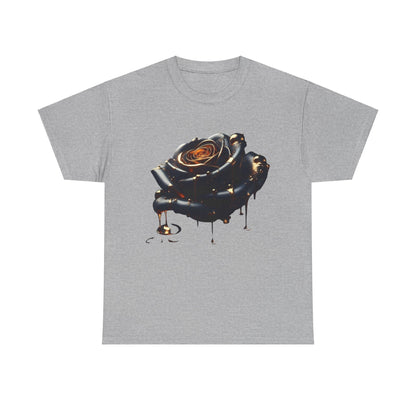 Close-Up Abstract Rose Unisex Cotton Tee showcasing a captivating abstract rose design with dark, seductive tones on a grey backdrop, ideal for modern fashion.
