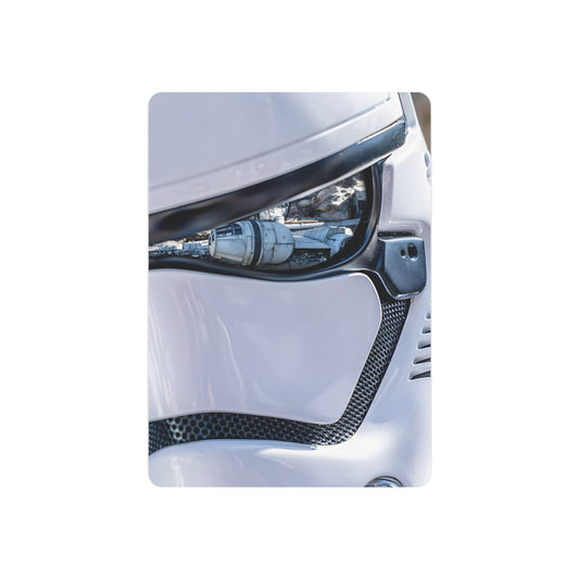 Detailed view of a Stormtrooper helmet with reflected spacecraft, highlighting the sleek design and craftsmanship. A luxurious addition to any wall, this Stormtrooper Metal Art Poster elevates Star Wars-themed interiors.