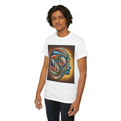 A model elegantly presents the Stained Glass Dreams Unisex T-Shirt, adorned with vibrant abstract artwork of a human face, exuding artistic flair.