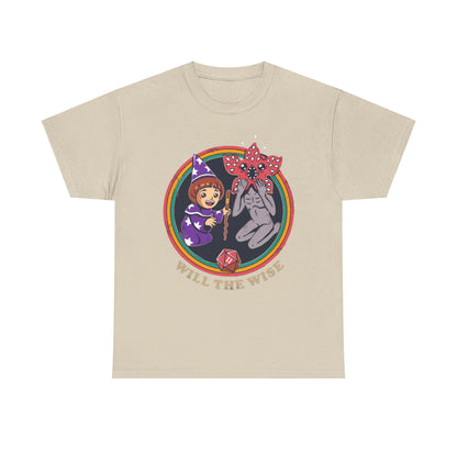 Stylish unisex beige t-shirt showcasing a charming wizard girl and a quirky creature, perfect for expressing your love for magical adventures and retro nostalgia.