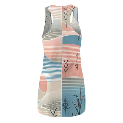 Close-up of the premium quality fabric of the Alessia Marquise Sun-Kissed Pastel Hue Racerback Dress by Dazzling Dreams Studio, showcasing its luxurious texture and vibrant abstract sunset design.
