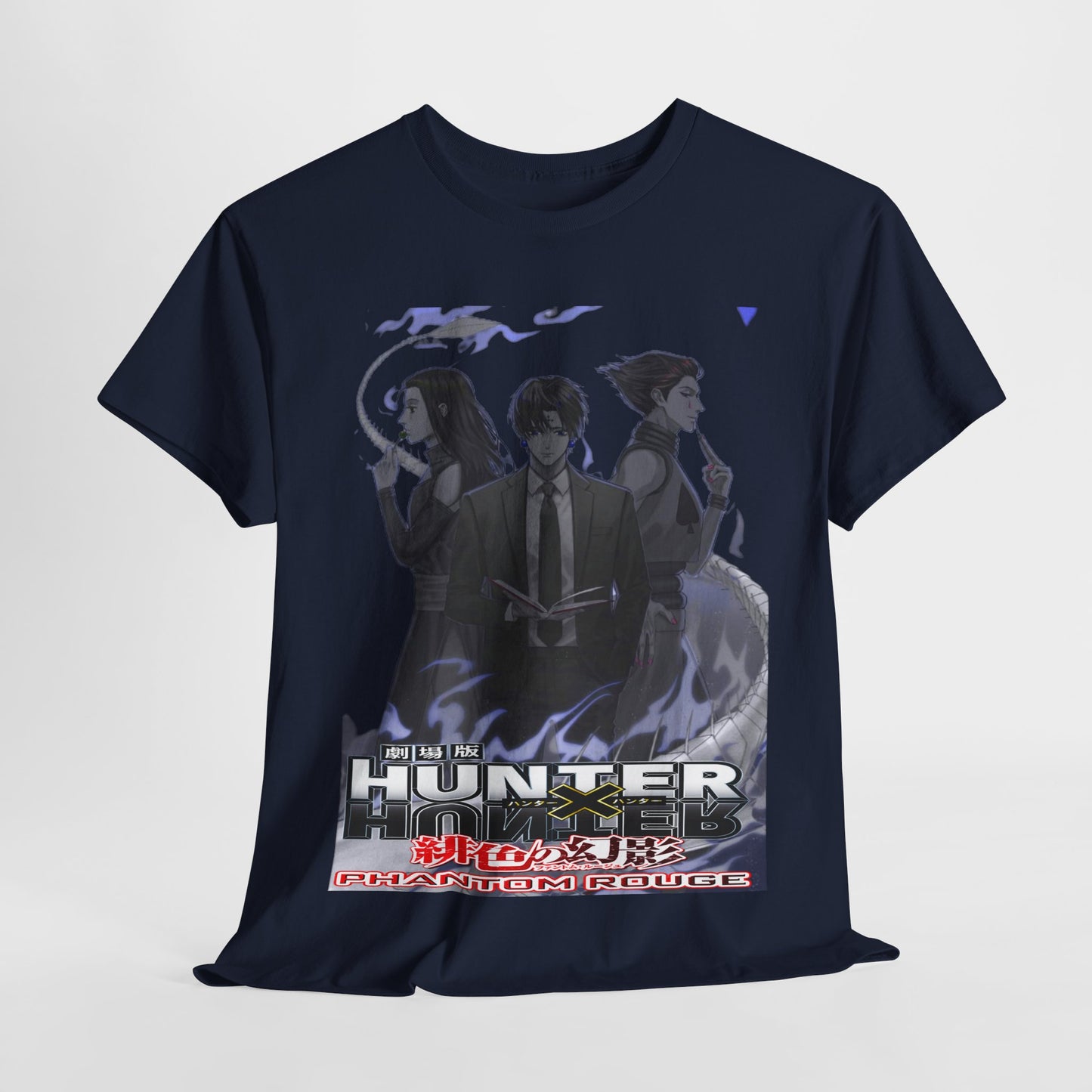 Elegant Hunter x Hunter Phantom Rouge T-shirt showcased with an eye-catching grayscale design of beloved characters, a must-have for luxury anime fashion.