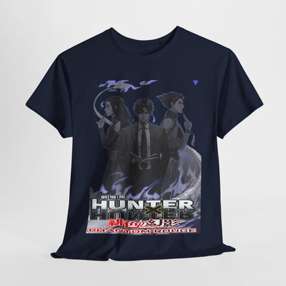 Elegant Hunter x Hunter Phantom Rouge T-shirt showcased with an eye-catching grayscale design of beloved characters, a must-have for luxury anime fashion.