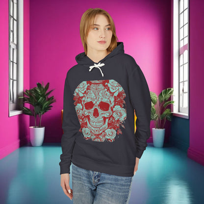 Stylish Skull and Roses Lightweight Hoodie featured on a model, showcasing edgy designer sweatshirt in a vibrant interior.