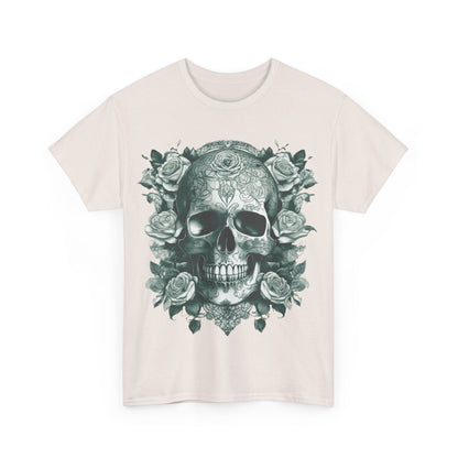 Front view of the Skulls and Roses Cotton Tee, Unisex Graphic Shirt, featuring an intricate skull and rose design in a light beige hue.