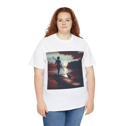 Stylish Delightful Paddle Board T-Shirt worn casually, designed by Dazzling Dreams Studio for those who love nature and water sports.