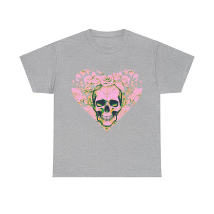 Close-up view of the Skulls and Roses Cotton Tee in grey, featuring a captivating heart design with skulls and vibrant roses, exemplifying unique fashion.