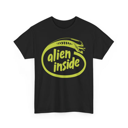 Alien Inside Intel Parody Unisex Men’s Women’s Graphic T-Shirt featuring a bold lime green design with the phrase 'alien inside' and a stylized alien illustration on a black fabric.
