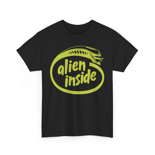 Alien Inside Intel Parody Unisex Men’s Women’s Graphic T-Shirt featuring a bold lime green design with the phrase 'alien inside' and a stylized alien illustration on a black fabric.