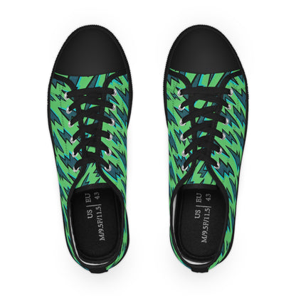 Close-up view of Zara Thunderbolt Men's Lowtop Sneakers featuring distinctive Bold Green and Turquoise Lightning Bolt design, crafted by Dazzling Dreams Studio for fashionable comfort and luxury.