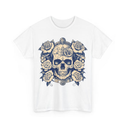 Front view of the Skulls and Roses Cotton Tee, highlighting its striking graphic and luxurious details, ideal for bold fashion statements.