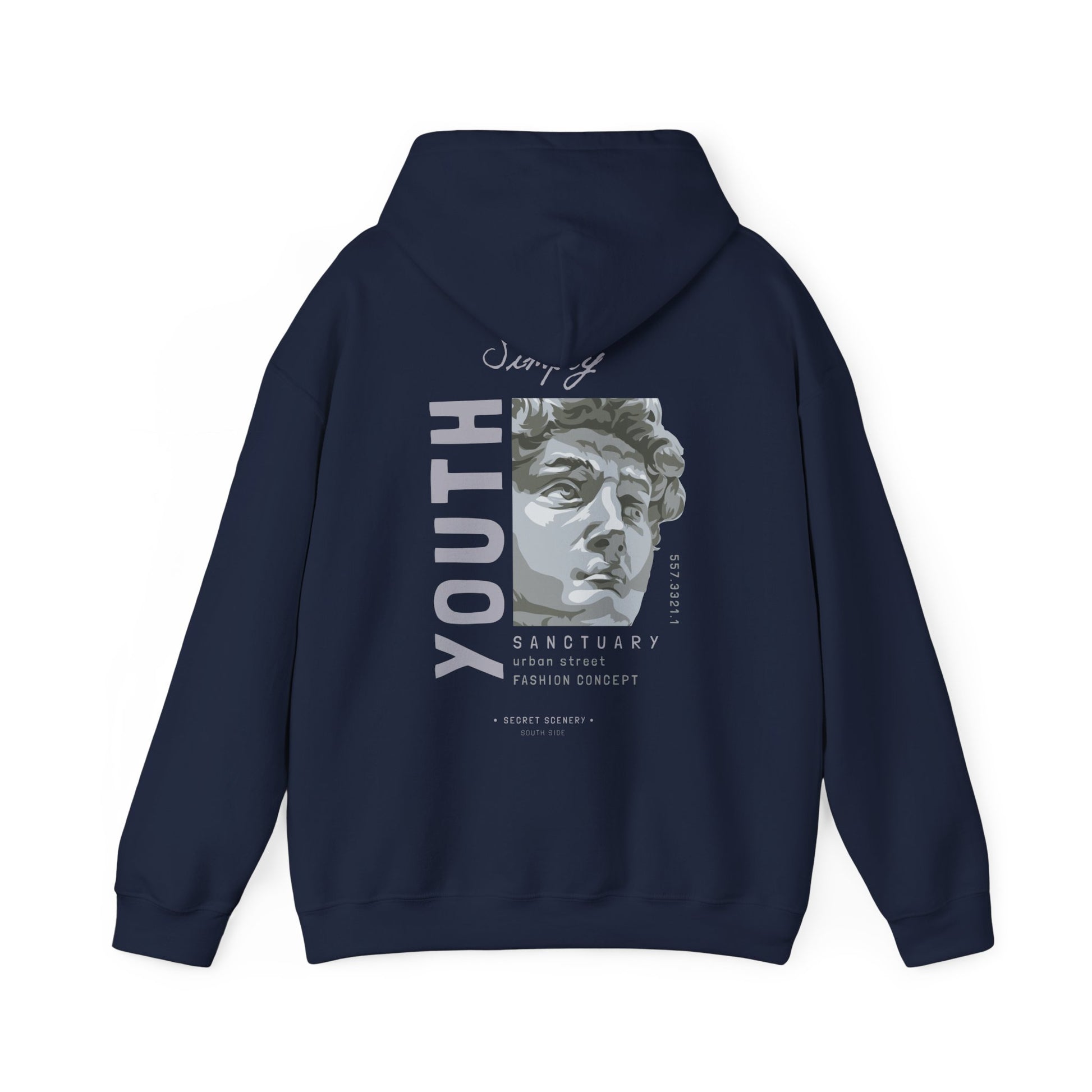 Back view of Urban Sanctuary Youth Hoodie in navy featuring an artistic design with 'YOUTH' text and a sculptural bust, representing luxurious street fashion.