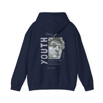 Back view of Urban Sanctuary Youth Hoodie in navy featuring an artistic design with 'YOUTH' text and a sculptural bust, representing luxurious street fashion.
