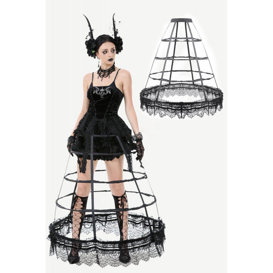 Elegant Dark in Love Gothic Hoop Cage Skirt featuring intricate lace trim, structured hoop tiers, and a dramatic silhouette, ideal for gothic and alternative fashion, black polyester fabric for a chic outfit statement.