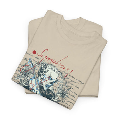 Exquisite folded vintage t-shirts showcasing a skull and violin design, adorned with floral scrolls, portraying a unique blend of art and music.