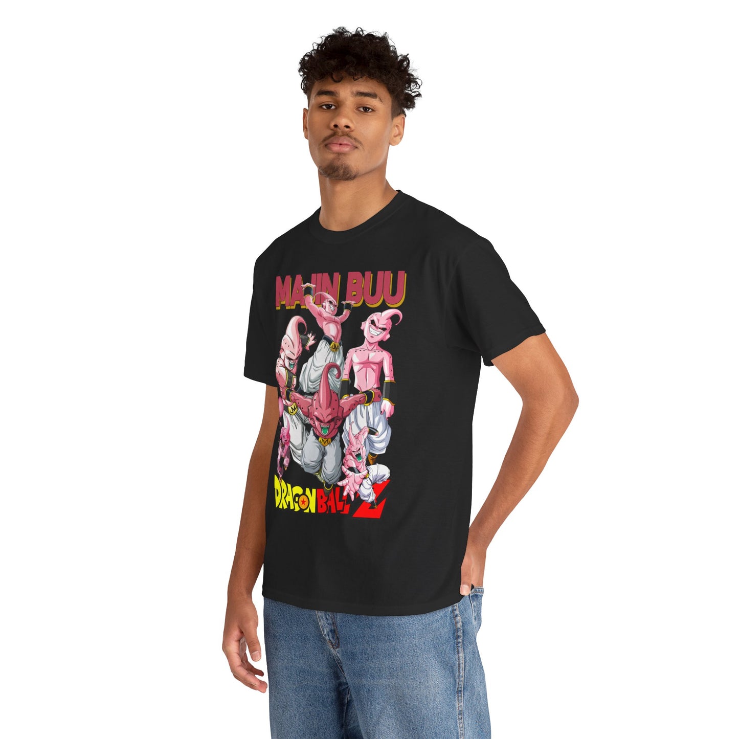 Male model wearing a black t-shirt adorned with vibrant Majin Buu characters from Dragon Ball Z, exuding contemporary streetwear elegance.